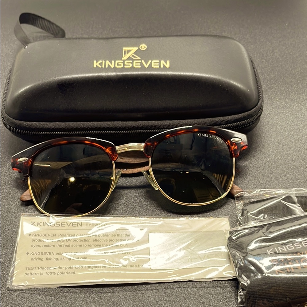 KINGSEVEN Retro Walnut and Gold tone Sunglasses with case